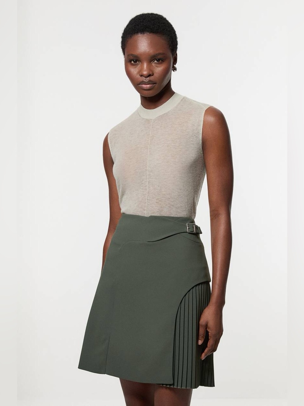 Karen Millen Olive Green Asymmetric Pleated Mini Skirt with Buckle